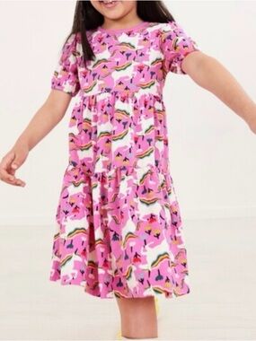 EUC Hanna Andersson Girls Rainbow Unicorns Short Sleeve Twirly Dress in Pink 12